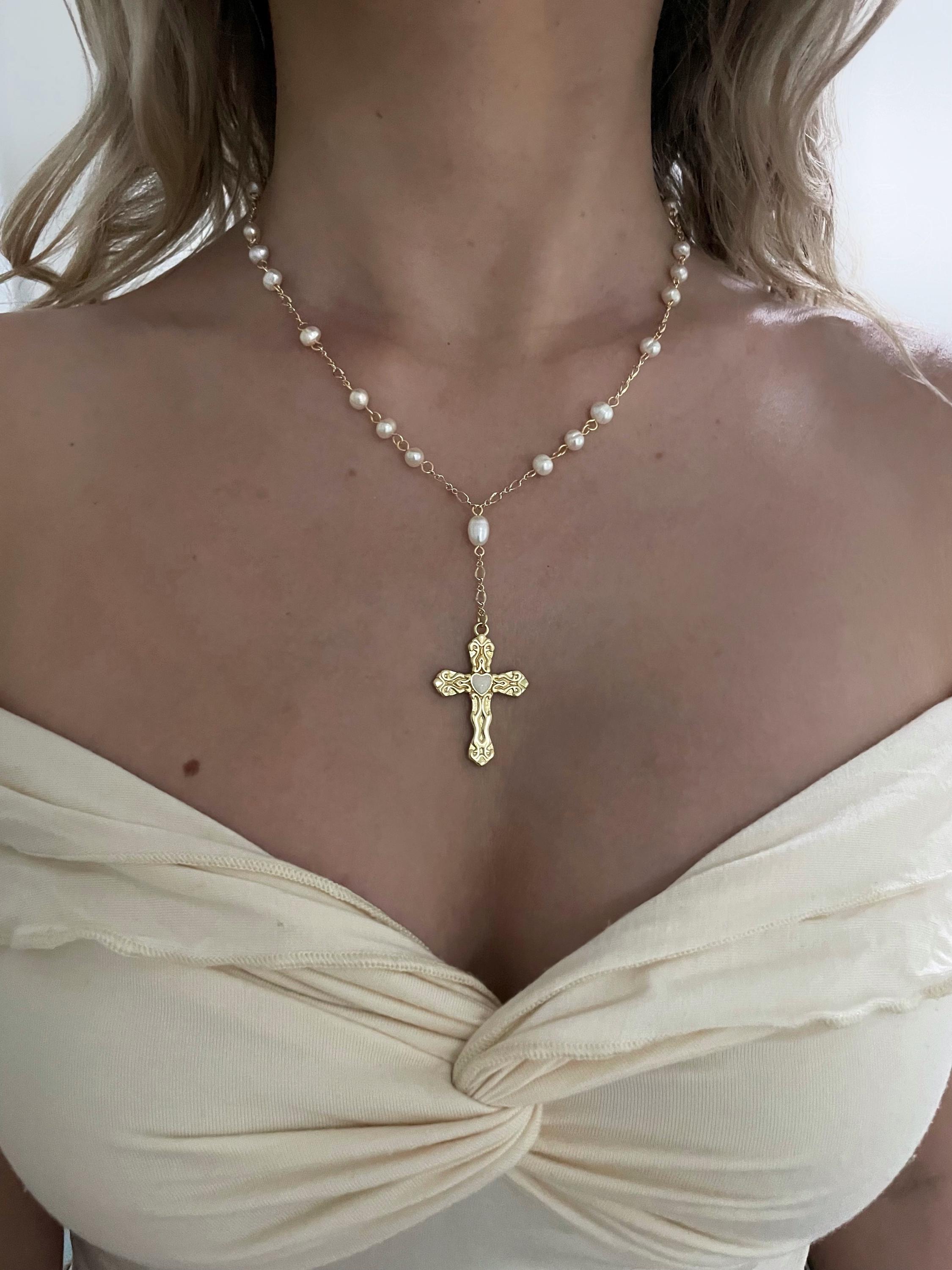 Pearl Cross Rosary Necklace, 1 / 6