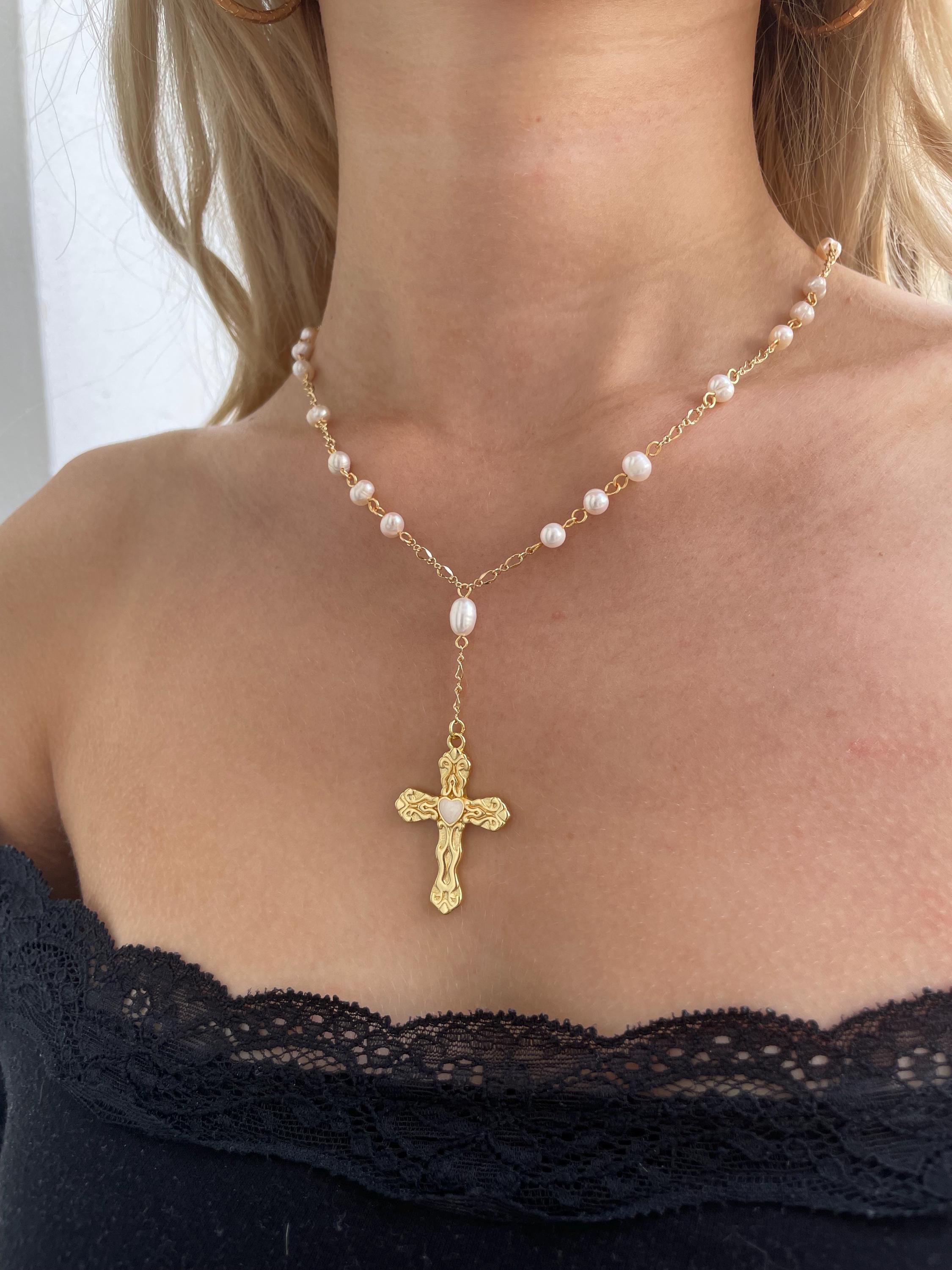 Pearl Cross Rosary Necklace, 3 / 6