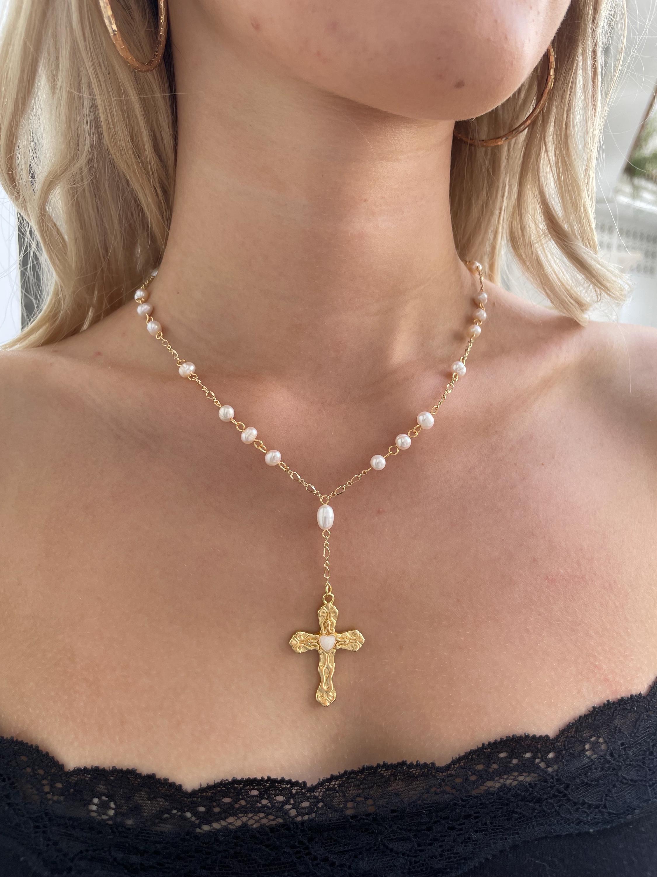 Pearl Cross Rosary Necklace, 4 / 6