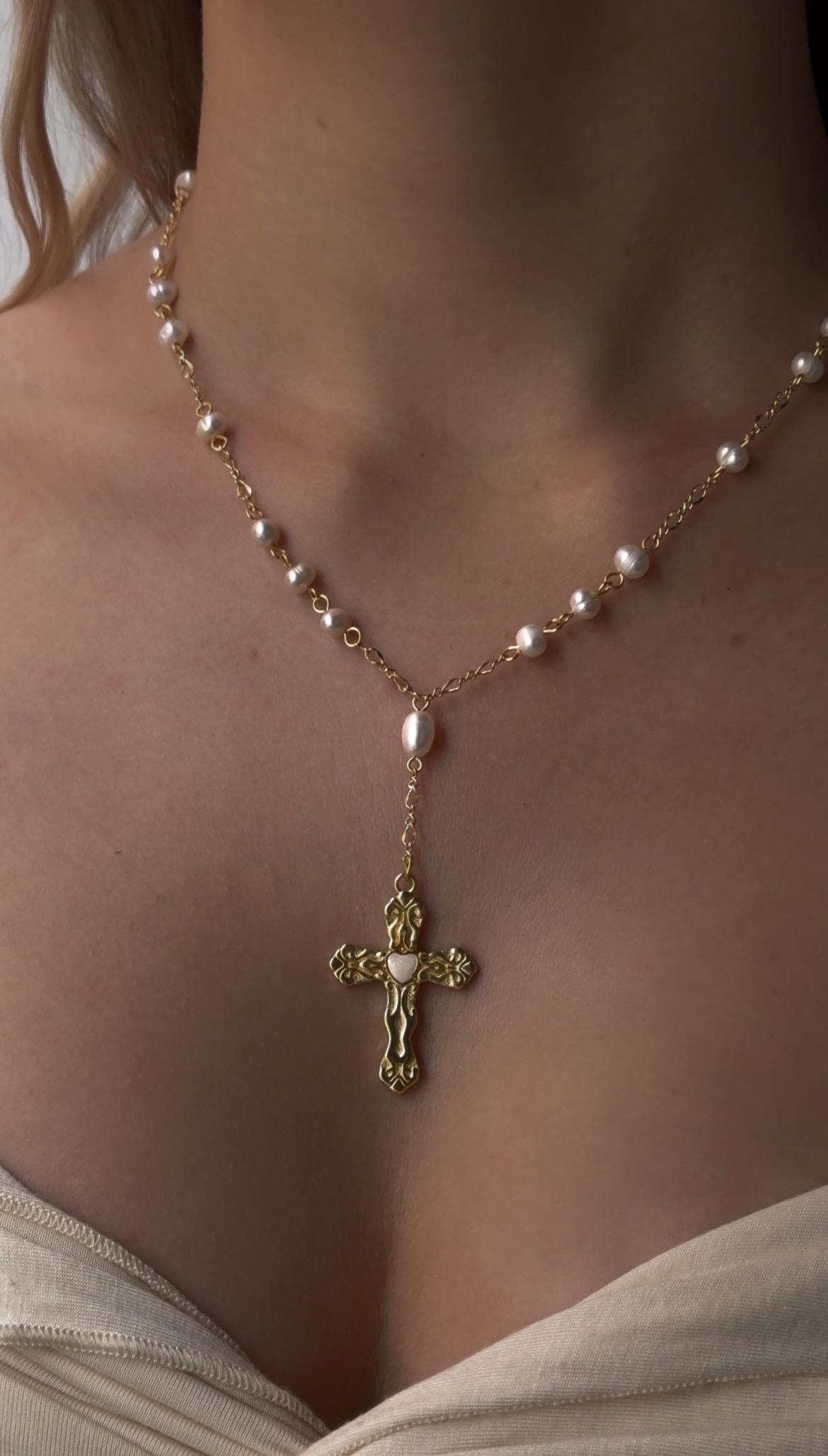 Pearl Cross Rosary Necklace, 5 / 6